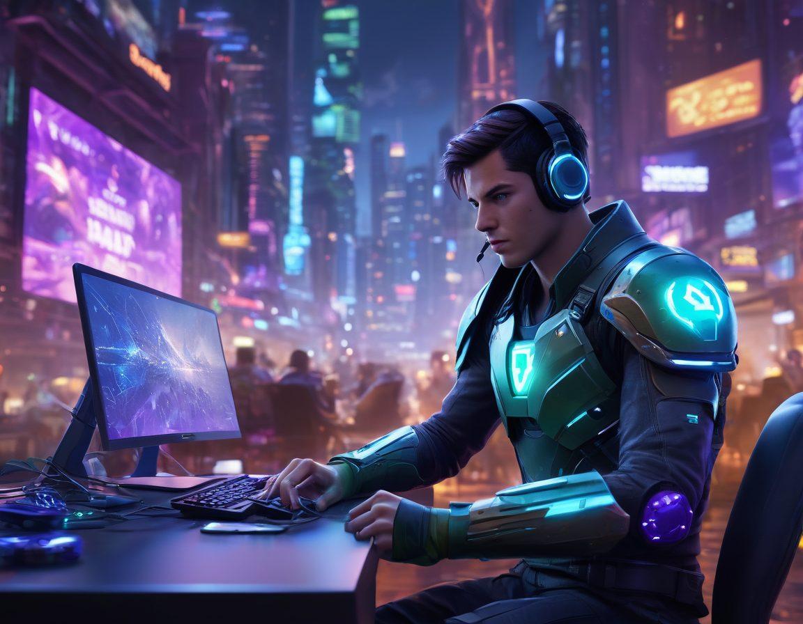 A dynamic scene depicting a gamer in an epic online battle, surrounded by glowing insurance symbols like shields and checkmarks, with vibrant gaming elements like consoles, avatars, and a stylized cityscape in the background. The color scheme should be electric with blues, purples, and greens. The gamer should look focused and immersed in the action. super-realistic. vibrant colors. 3D.