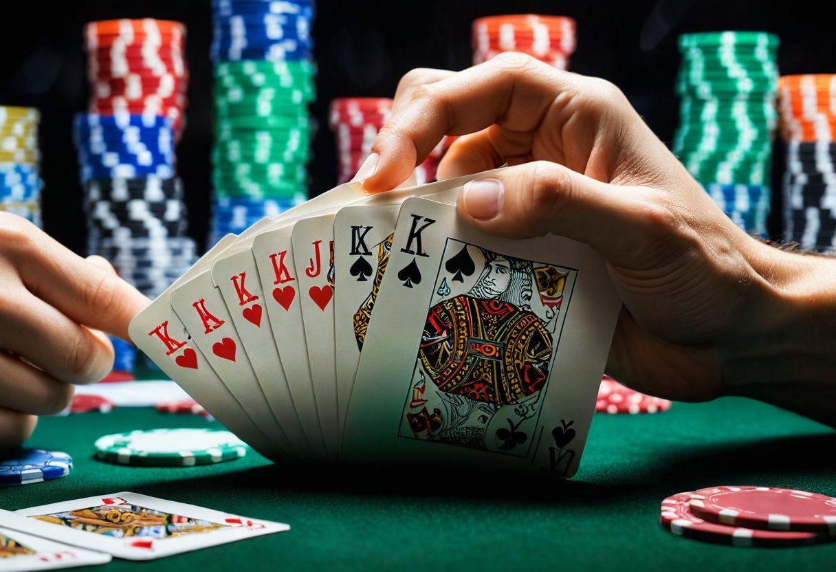 A dramatic scene featuring a close-up of hands playing poker, with cards fanned out and chips stacked high. A semi-transparent shield overlays the cards, representing protection and strategy in gambling. The background showcases dimly lit casino lights to create an exciting ambiance. Include subtle elements like a notepad and pen indicating notes or strategies being used. vibrant colors. super-realistic.