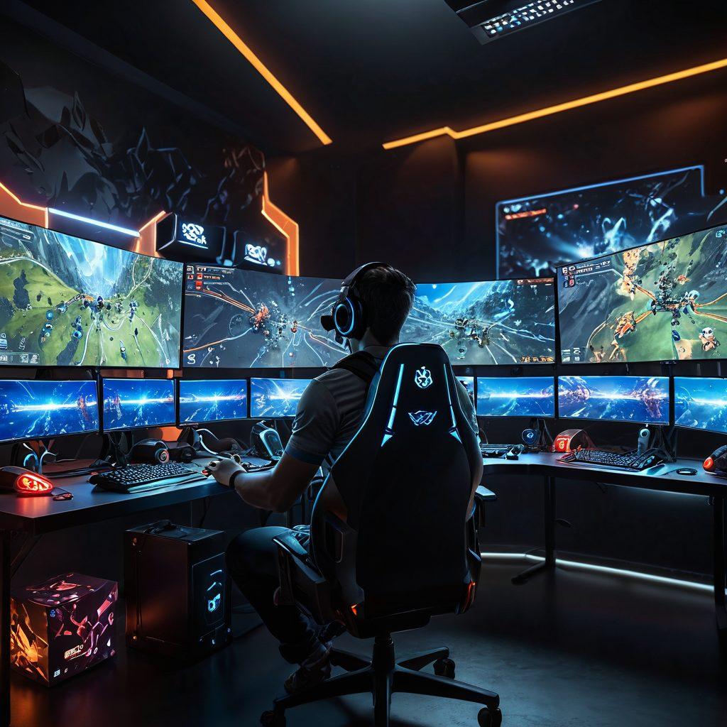 A dynamic scene depicting a confident gamer surrounded by virtual gaming elements like controllers, trophies, and insurance icons. The gamer, with a focused expression, sits in an immersive gaming setup with glowing screens displaying strategic maps and gameplay. Surrounding the gamer are shields representing protection and safety, symbolizing gaming insurance. The color palette should be vibrant and energetic to embody the gaming world. super-realistic. vibrant colors. 3D.